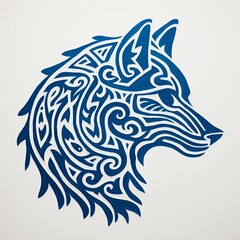 A blue and white drawing of a wolf's head