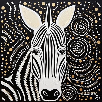 A painting of a zebra on a black background