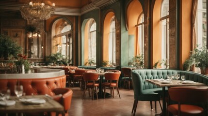 Fototapeta na wymiar A restaurant with orange chairs and tables. Generative AI.