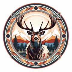 A picture of a deer in a circle with mountains in the background