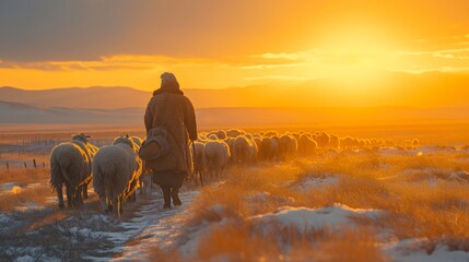 a Kazakh nomadic shepherd directs his flock of sheep in a rearview perspective, Under the golden light