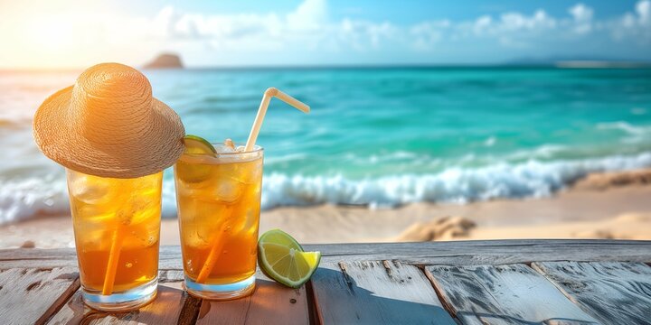 Two glasses of ice lemonade with straw and lime on wooden table on the beach