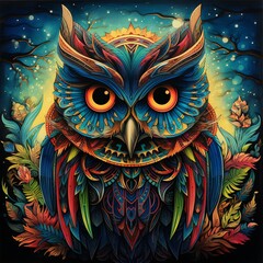 A painting of an owl with orange eyes