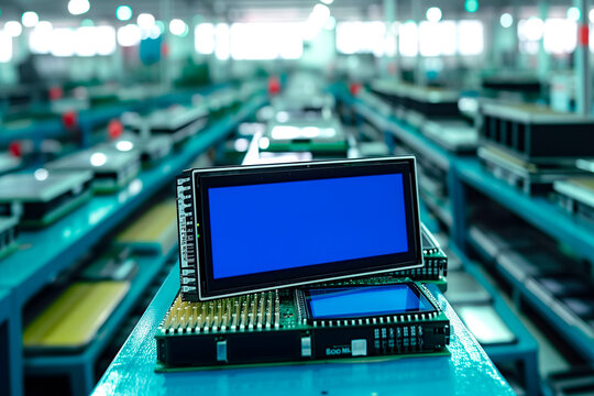 Many LCD displays on a table, with microcircuits and microchips and connecting elements in an assembly plant