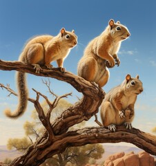Three squirrels sitting on a tree branch. Generative AI.