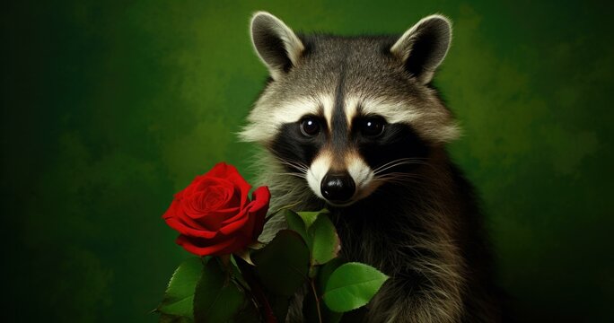 A raccoon is holding a rose in front of a green background. Generative AI.