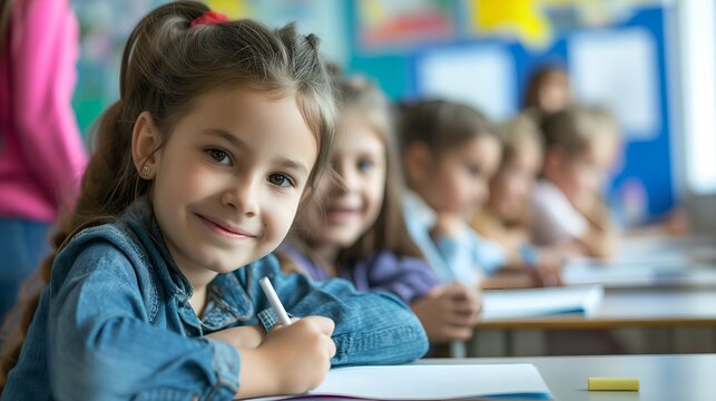 Portrait of smiling little girl sitting at desk in classroom at school