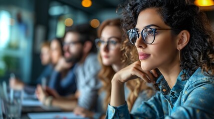 Close-up of focused woman in office wearing glasses with colleagues, showcasing work life