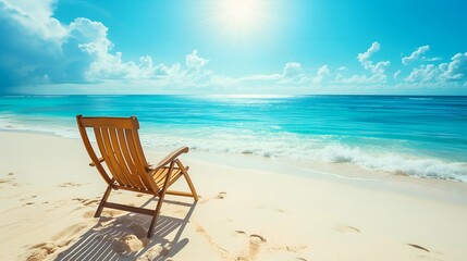 Fototapeta na wymiar Wooden deck chair on the sandy beach with blue sea and sky background