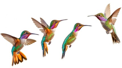 colorful hummingbirds in the air, white background 