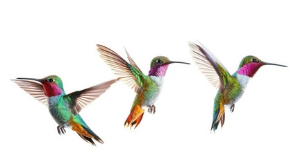 colorful hummingbirds in the air, white background, photo-realistic 