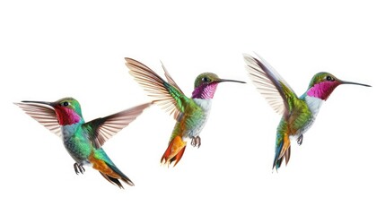 Fototapeta premium colorful hummingbirds in the air, white background, photo-realistic 