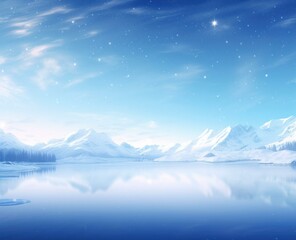Winter landscape with snow covered mountains and a lake. Generative AI.