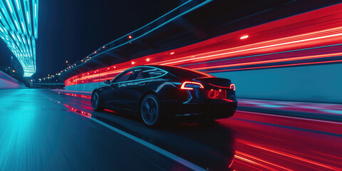 EV driving fast at night, dynamic shot