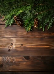 A background with fir branches and pine cones on wooden background. Generative AI.