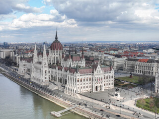 Fototapeta na wymiar Budapest Landmarks Aerial View of Hungarian Parliament Building and Danube River in Cityscape