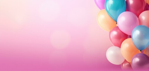 Colorful balloons on a pink background. Generative AI.