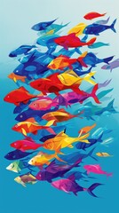 illustration of colorful fish in the blue sky floating and rotating randomly at different angles  