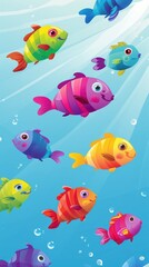Fototapeta premium illustration of colorful fish in the blue sky floating and rotating randomly at different angles 