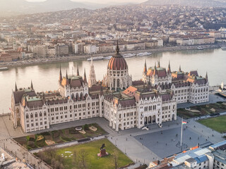 Fototapeta na wymiar Explore Budapest from Above Aerial View of Hungarian Parliament Building and Danube River in Cityscape from a Drone Point of View