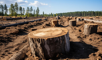 Deforestation illustration - wood cut impact on environment - climate change forest -  ecology carbon emissions
