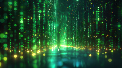 3d render. Abstract background of green neon lines sliding down. Modern digital wallpaper. Streaming glowing particles
