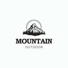 Fototapeta na wymiar mountain outdoor logo,Sunset above mountains peak silhouette. Vintage styled mountain logo or sticker or poster