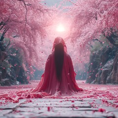 Mystical Figure in Red Cloak on Snowy Path with Pink Blossoms - obrazy, fototapety, plakaty