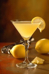 A lemon drop martini drink, ambient lighting