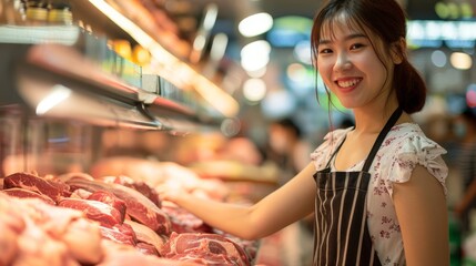 Fototapeta na wymiar asian woman in meat department in a supermarket talking to butcher 