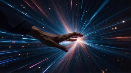 Hand touching stunning data vortex and light particles, innovation and discovery concepts, multiverse
