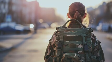 Courageous female soldier returning home from the army  