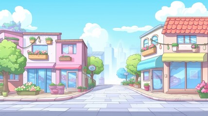 Fototapeta premium cartoon illustration street scene. Two charming buildings, one pink and the other beige, are adorned with blooming flower boxes.