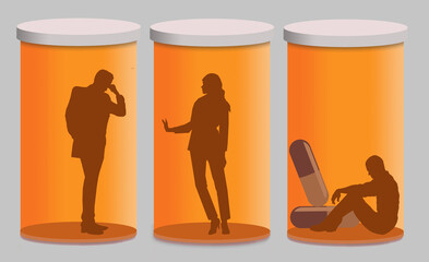People addicted to drugs are seen inside of pharmacy pill bottles to symbolize being trapped by their addiction. This is a 3-d ilustration isolated on the background.