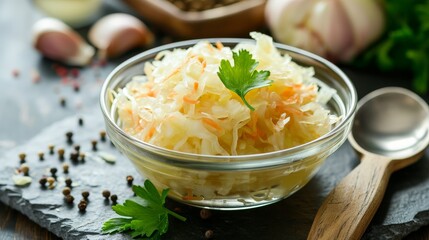 fermented cabbage in a small glass bowl  - obrazy, fototapety, plakaty