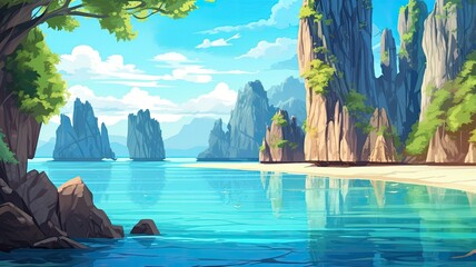 cartoon illustration Pristine beaches, limestone cliffs, and vibrant coral reefs.