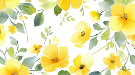 Yellow floral background. Watercolor simple flowers