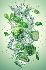 Vegetable poster, leafy greens, splash of water, Fresh Veggie, solid color background. Generative AI.