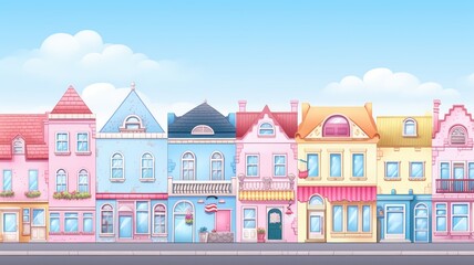 Obraz na płótnie Canvas cartoon illustration Panorama city building houses with clear sky with fluffy clouds.