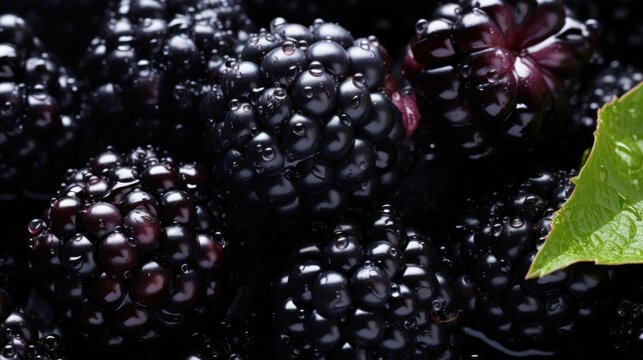 a close up of a bunch of blackberries with a green leaf in the middle of the picture and water droplets on the berries.