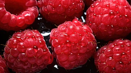  a close up of a bunch of raspberries with drops of water on the top of the raspberries.