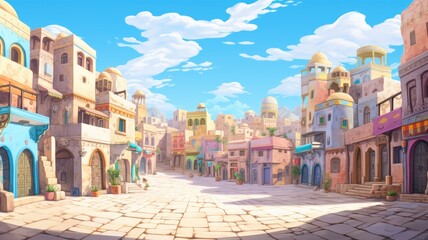 cartoon illustration of ancient arab city with houses and the Arab market. - obrazy, fototapety, plakaty