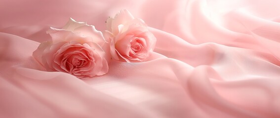 Rose flowers on a draped soft pink silk fabric with a soft focus and copy space, perfect for a website header design or social media..
 