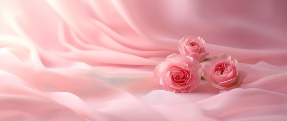 Rose flowers on a draped soft pink silk fabric with a soft focus and copy space, perfect for a website header design or social media..
 