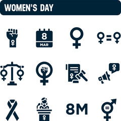 Women's day icons. March 8 vector set. Equal rights, suffrage and justice. Filled icon design.