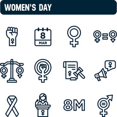 Women's day icons. March 8 vector set. Equal rights, suffrage and justice. Outline icon design.