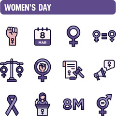 Women's day icons. March 8 vector set. Equal rights, suffrage and justice. Color icon design.