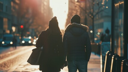 Rear view of couple walking in city center