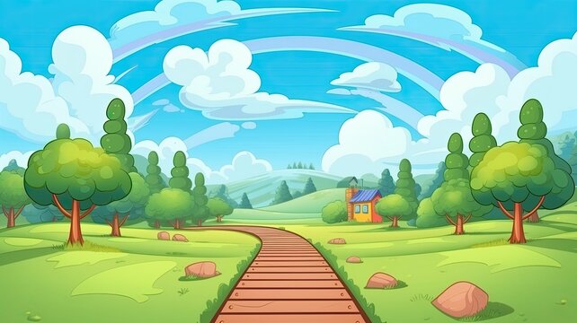 cartoon illustration winding path leading towards mystical mountains under a bright sky.