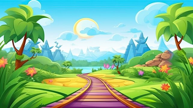 cartoon illustration railway track winding through a lush, colorful landscape.